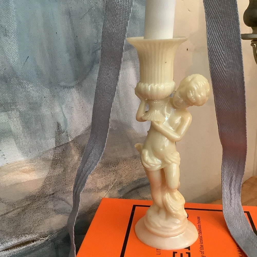 Vintage Plastic Cherub Statue Candlestick Candle Holder + Battery Candle RIBBON